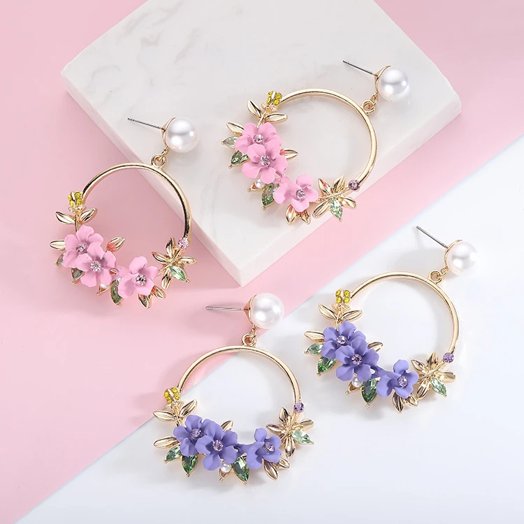 

Trendy Cute Pink Flower Earrings For Women Girls Jewelry Female Rhinestone Gold Metal Round Circle Drop Earrings Gifts Brincos