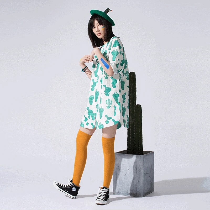 

LYNETTE'S CHINOISERIE Summer Women Cactus print one-piece dress female summer fresh linen medium loose women's dress