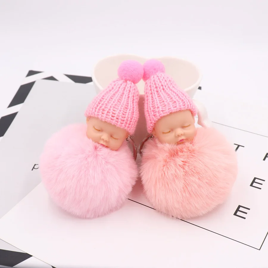 

Cute Sleep Baby Doll Key Chain Wool Ball With Candy Color New Fashion Accessory Gifts for Women Children