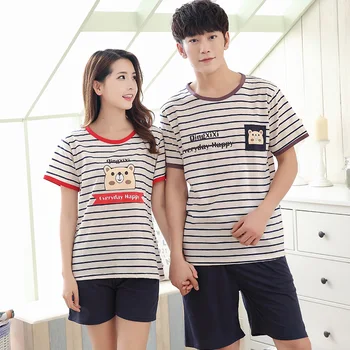 

Summer Striped Cotton Couple Pyjamas Sets Cartoon Shirt &Shorts Lover Nightwear Men/ Women Lounge Casual Home Clothing 3XL 4XL