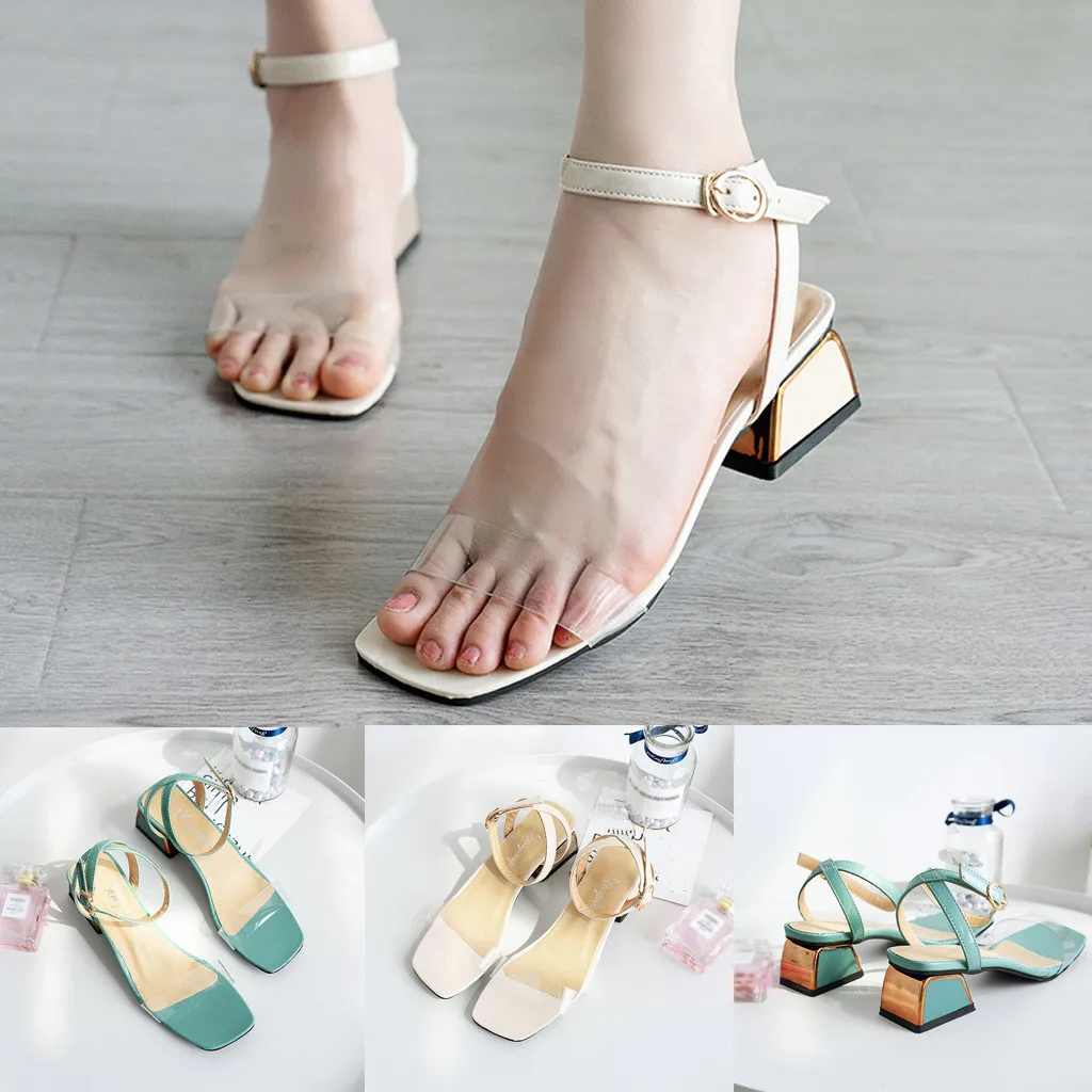 

Candy Colors PVC Transparent belt Sandals Fashion Lady Thick Low Heels With Open Toe One Word Strap Wild Elegant Shoes Sweet