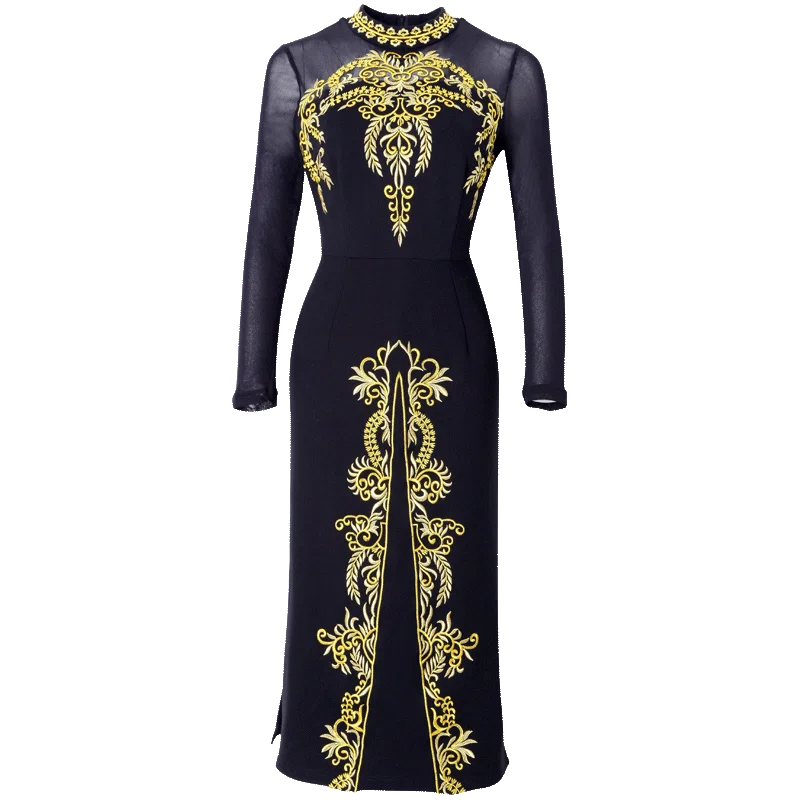 Высокое качество Женщины Осень старинные вышивки платье женский элегантный черный Vestidos ретро халат сексуальный Femme одежда сетка S-XXXL
