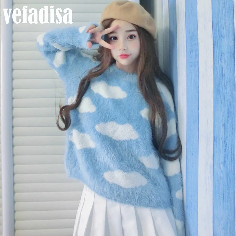 Vefadisa2017 Autumn Winter New Korea Sweet Bule White Plush Knitting Sweater Pullovers Tassel Irregular Woman Women A431 | Женская