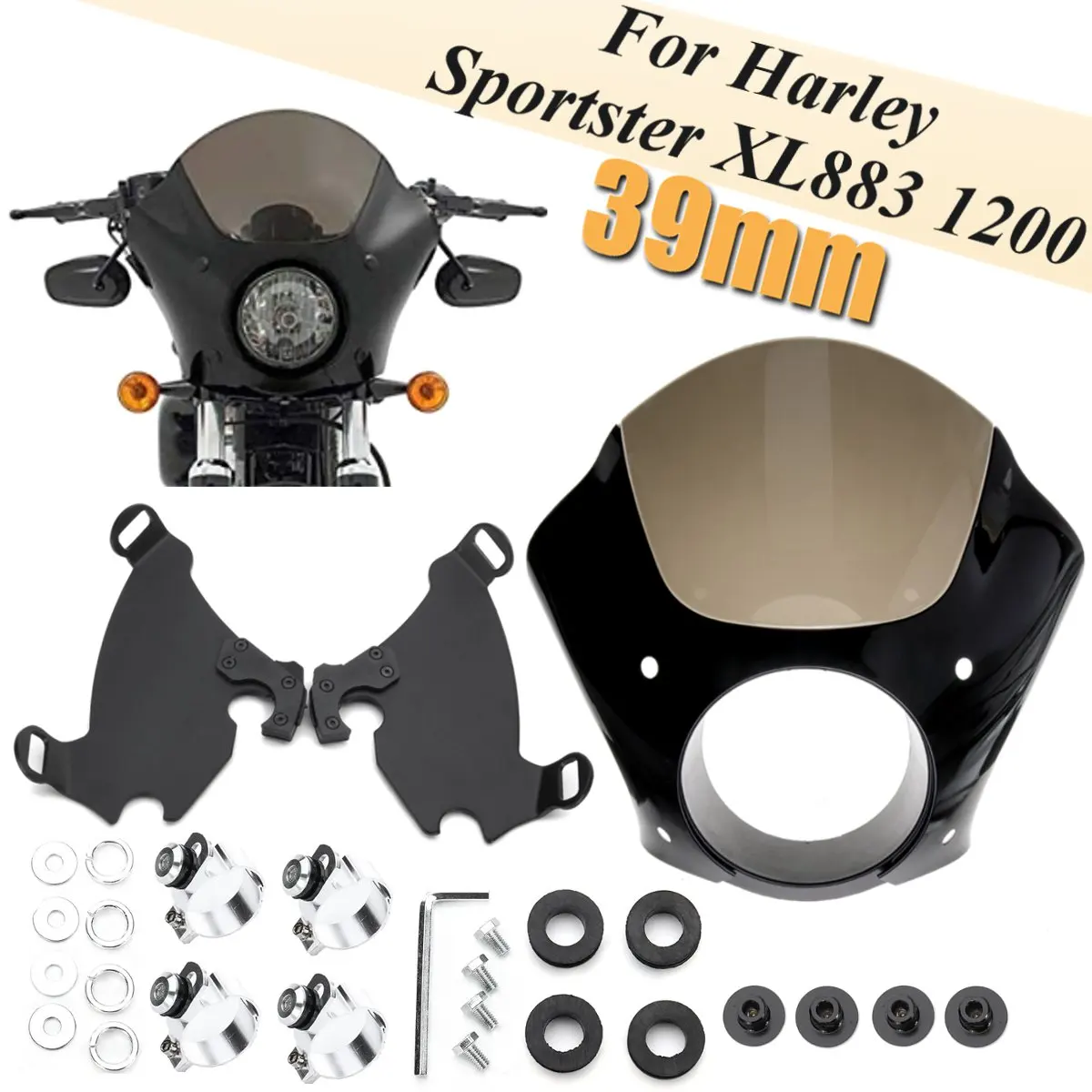 

1set 39MM/49MM Front ABS Plastic Headlight Fairing & Trigger Lock Mounting Kit For Harley Sportster XL883 1200 Smoke Color