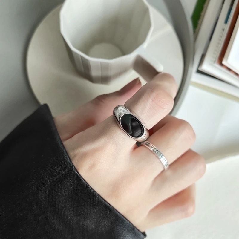

LouLeur Real 925 Sterling Silver Rings Vintage Black Oval Opening Rings Minimalist Fine Silver 925 Jewelry For Women Party Gift