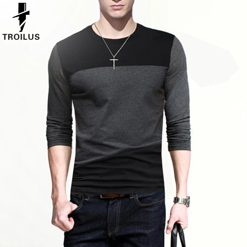 Троил 2016 Осень Футболка С Длинным Рукавом Мужчин Slim Fit мужчины Повседневная