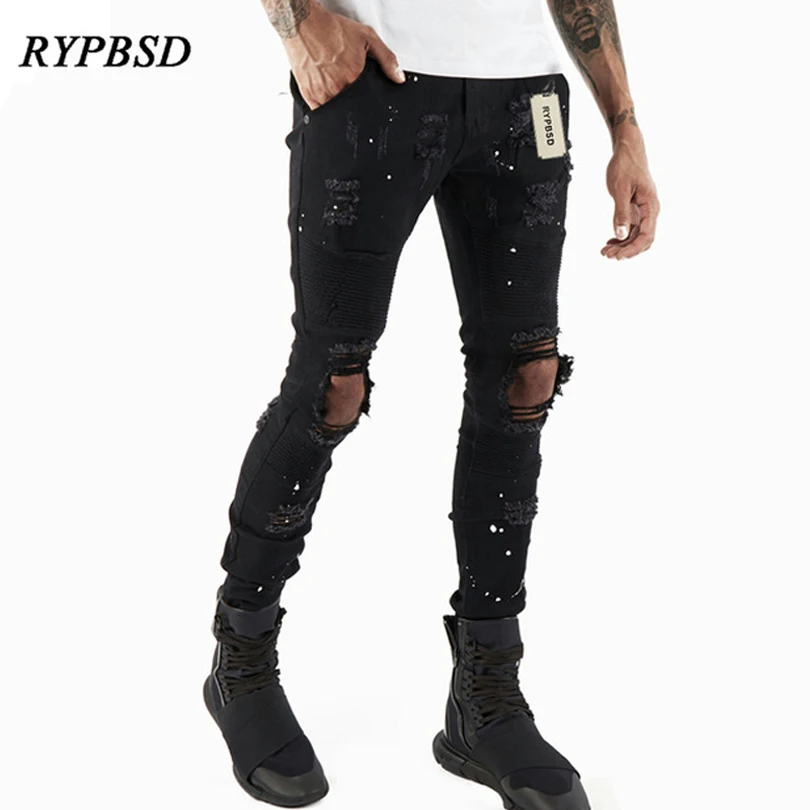 Buy 2019 Skinny Biker Jeans Men Vintage High Street Stretch Pleated Ripped