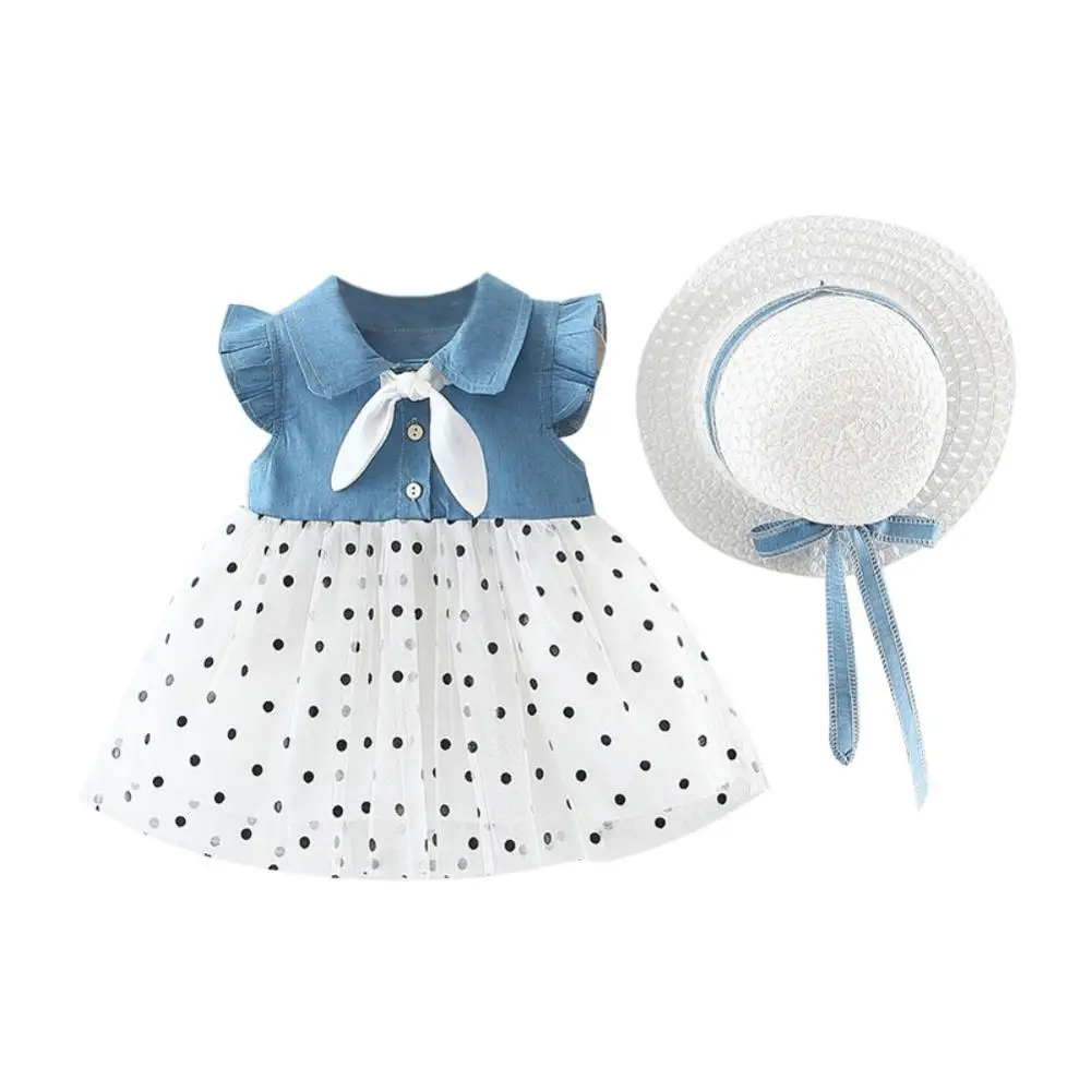 

Summer Girls Dress Casual Baby Girls Patchwork Design Flare Sleeve Dress for Girls Cotton Mesh Kids Toddler Sundress With Hat