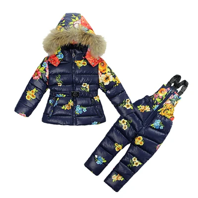 Комплект зимней одежды для девочек, пуховое пальто с цветочным рисунком+ комбинезон, костюмы теплый ветрозащитный зимний костюм, лыжный костюм для детей ясельного возраста синтепон, для детей возрастом от 1 года до 7 лет - Цвет: as show