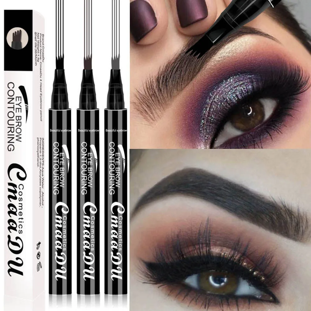 3 Colors Microblading Eyebrow Tattoo Pen 4 Head Fine Sketch Liquid Eyebrow Pencil Waterproof Tattoo Eye Brow Pen Smudge-proof