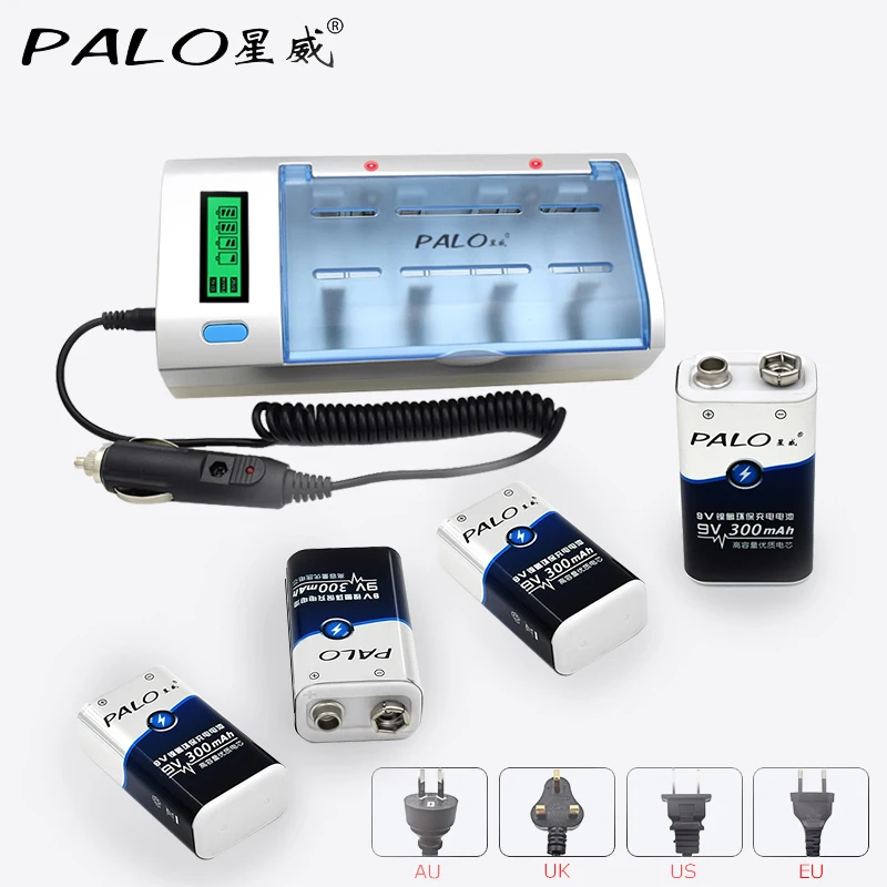 

Intelligent 4 Slots Smart LCD Rechargeable bateria Battery Charger For Ni-MH NI-CD AA/AAA/SC/C/D/9V Batteries+4pcs 9V Batteries
