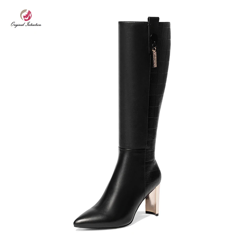 

Original Intention Cow Leather Elegant Women Knee High Boots Stylish Block Heels Winter Boots Black Shoes Woman US Size 3-10.5