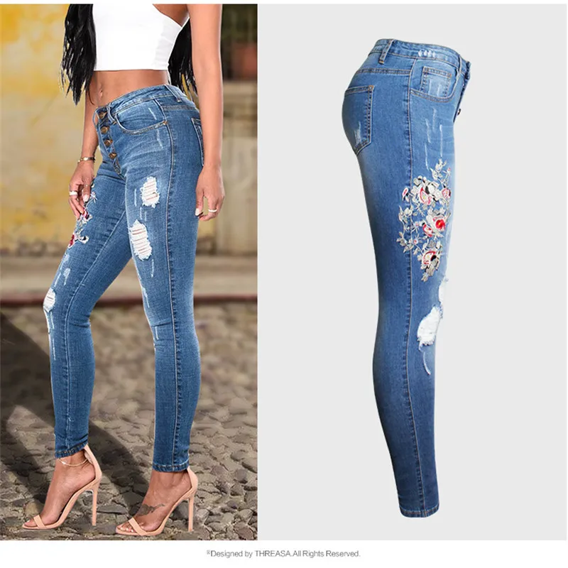 Women Stretch High Waist Skinny Embroidered Jeans Ripped