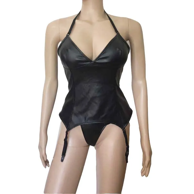 Sexy Women's Black Faux Leather Halter Neck Bustier Corset Lace Up