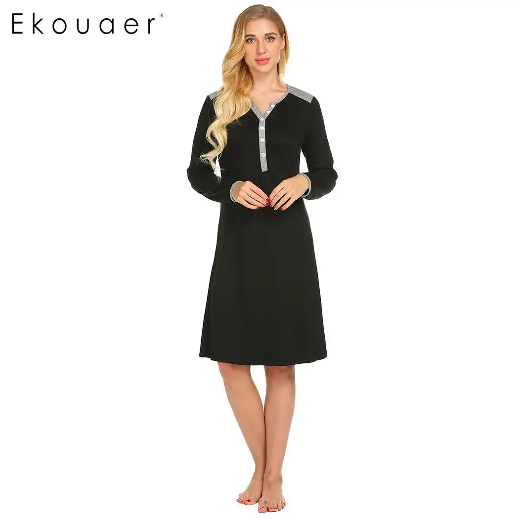 Ekouaer Женская ночнушка Chemise Sleepshirts Повседневная с длинным рукавом Лоскутная Ночная