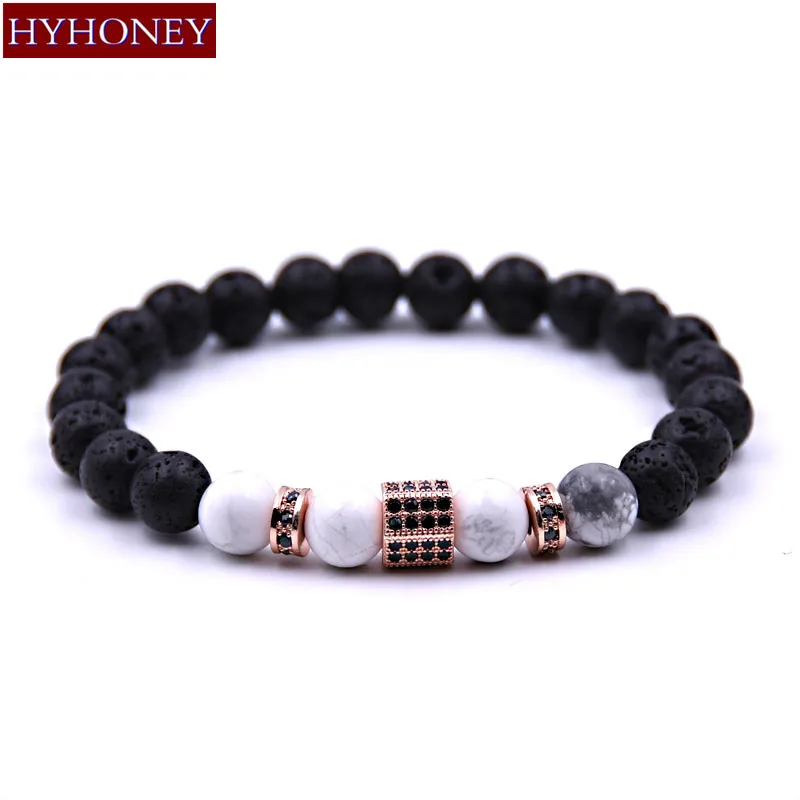 

HYHONEY High Quality Fashion Bracelet Men Micro Pave CZ Natural Stone Black Lava Bead Men Jewelry pulsera
