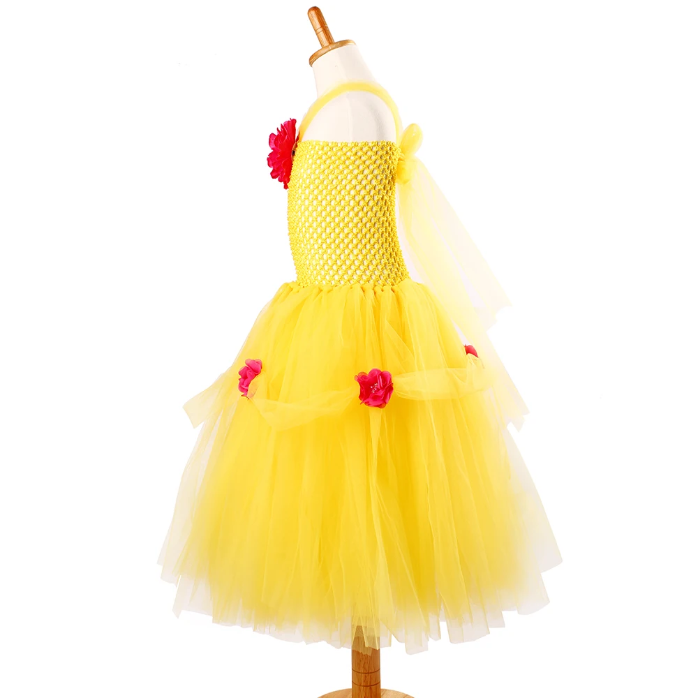 Желтое платье-пачка принцессы Белль; платье для дня рождения для девочек в стиле красавицы и чудовища; Детские костюмы для костюмированной вечеринки