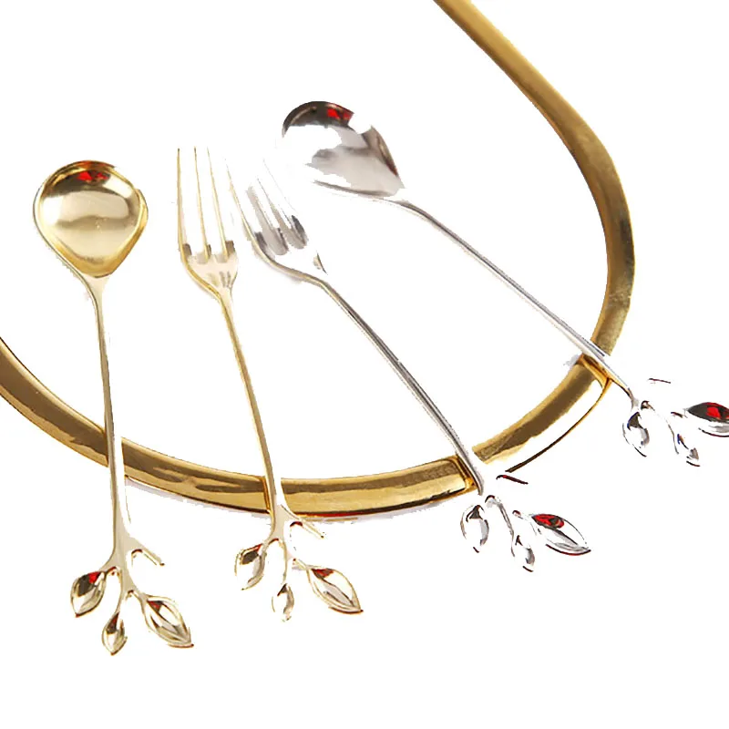 

Three-dimensional leaf coffee spoon small fruit fork polishing dessert spoons stirring tea coffee scoops creative tableware