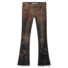 Осенне-весенние женские рваные расклешенные джинсы с кисточками, Осенние повседневные Стрейчевые потертые джинсы, брюки для женщин