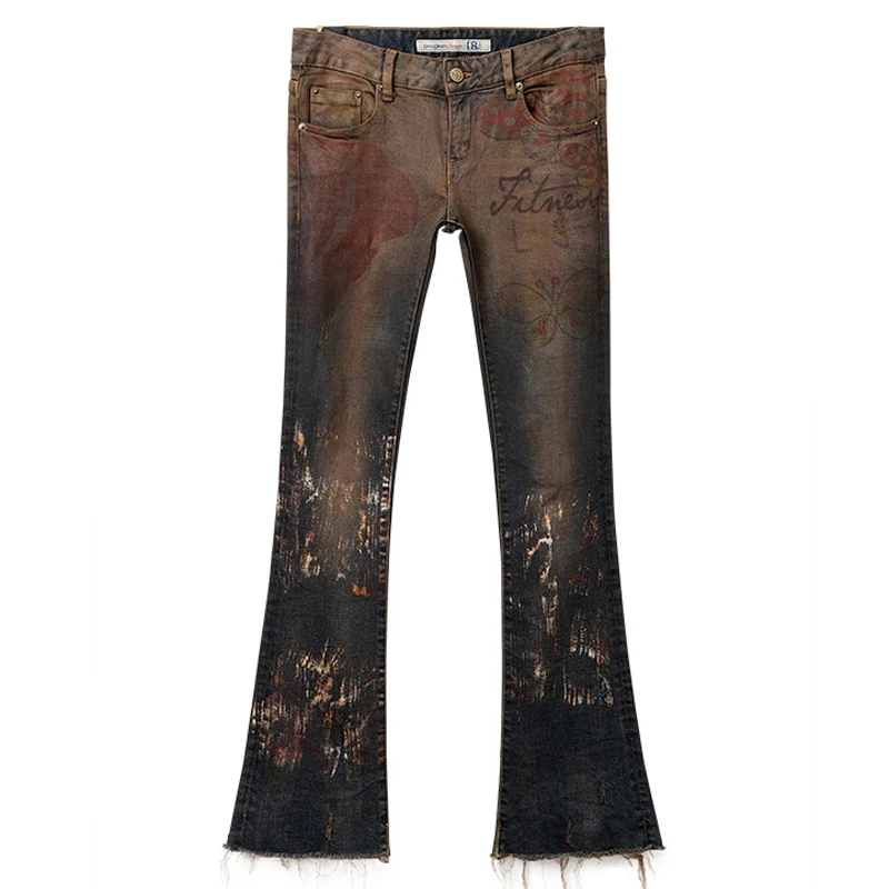 

Fall Spring Women Painted Tassel Ripped Flare Jeans Pants , Autumn Casual Stretch Scratched Denim Trousers For Woman