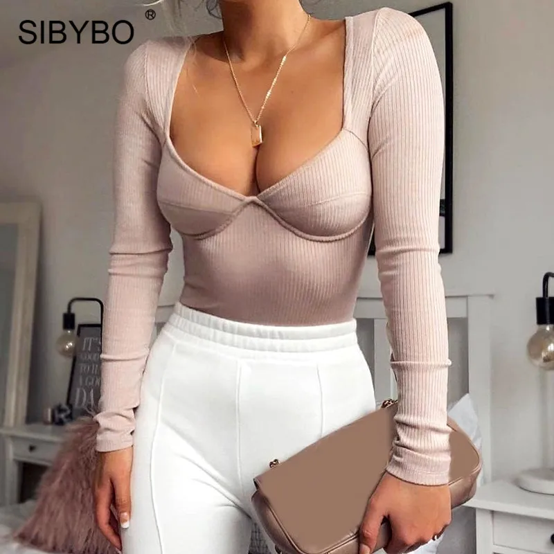 Sibybo Ribbed Long Sleeve Sexy Bodysuit Women Autumn Fashion V-Neck Skinny Women Rompers Solid Casual Bodysuit Jumpsuit 2019 Sibybo Ribbed Long Sleeve Sexy Bodysuit Women Autumn Fashion V-Neck Skinny Women Rompers Solid Casual Bodysuit Jumpsuit 2019