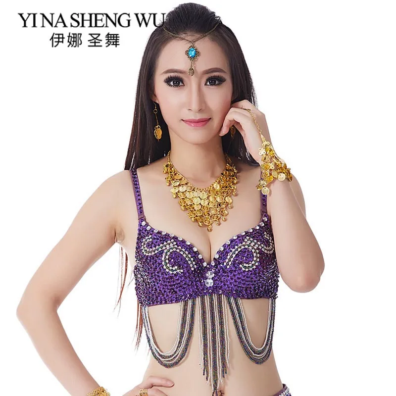 

New Delicate and Elegant Belly Dance Bra Top Sequins Hanging Beaded Brassiere Belly Dance Costume Top Beaded Fringe Dancing Bra