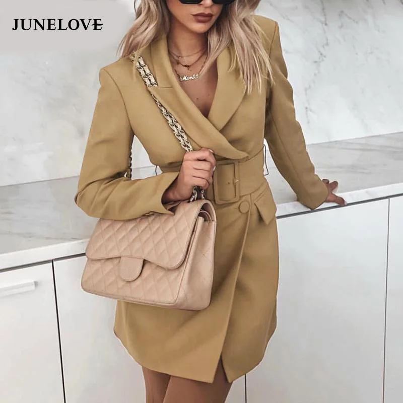 

JuneLove Vintage double breasted women blazer Turndown collar sashes khaki blazer feminino Office ladies solid fashion coat