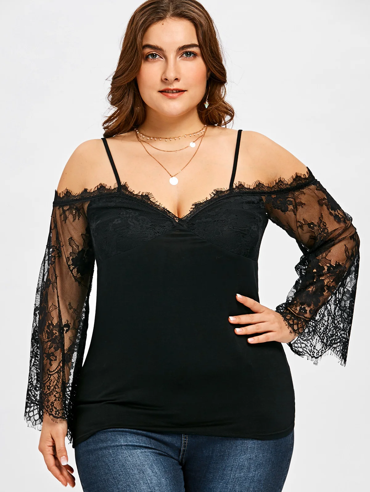 

Wipalo Women Off The Shoulder Lace Blouses Plus Size Sheer Flare Sleeve Spaghetti Strap Blouse Shirts Empire Waist Female Tops