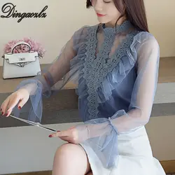Dingaozlz пикантные сетчатые женские шитые Топы элегантные женские с длинным рукавом кружевная рубашка корейский 2019 Новая Женская Офисная