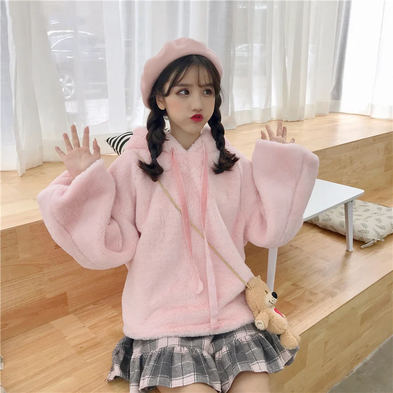 Толстовки женские меховые Harajuku Kawaii для девочек зимние теплые с капюшоном толстые мягкие корейские универсальные студенческие модная Толстовка женские s Chic