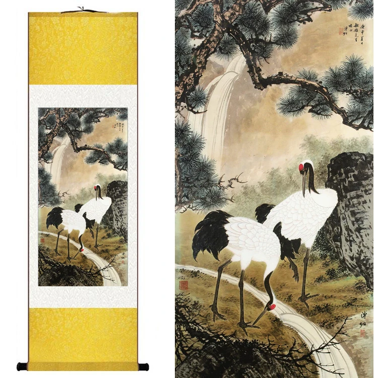 

Traditional Chinese Silk watercolor birds Landscape Pine Two Hok Crane ink art canvas wall picture damask framed scroll painting