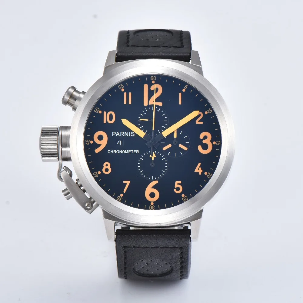 

Parnis 50mm black dial orange marks Leather Strap Complete Calendar silver Chronograph watch Lefty quartz Movement Watch 03
