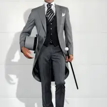 Светло-серый пиджак в стиле ласточкин хвост на одной пуговице 5 шт.(куртка+ брюки+ платок+ галстук+ жилет) волшебный мужской костюм