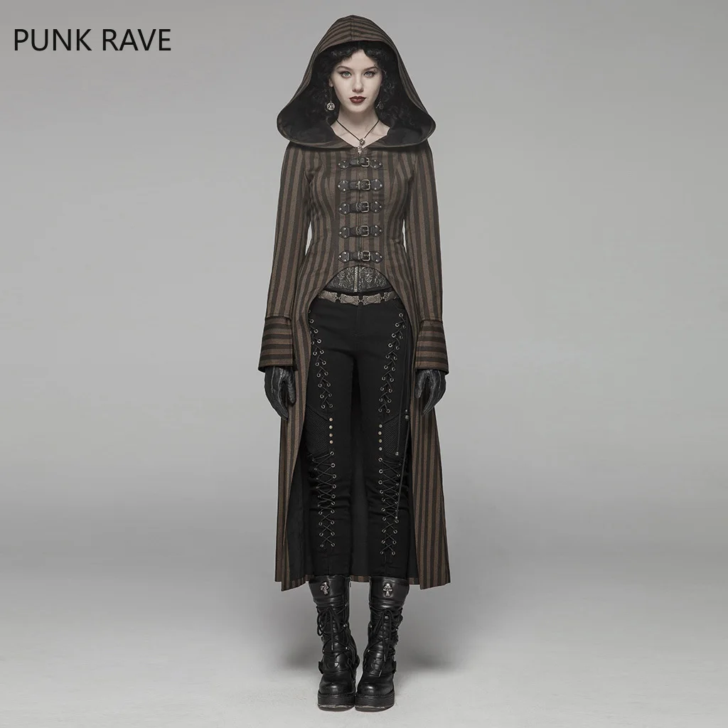 

PUNK RAVE Women Steampunk Retro Long Coat Coffee Striped Lace Up Punk Rock Coat Stage Performance Women Gothic Trench Coat