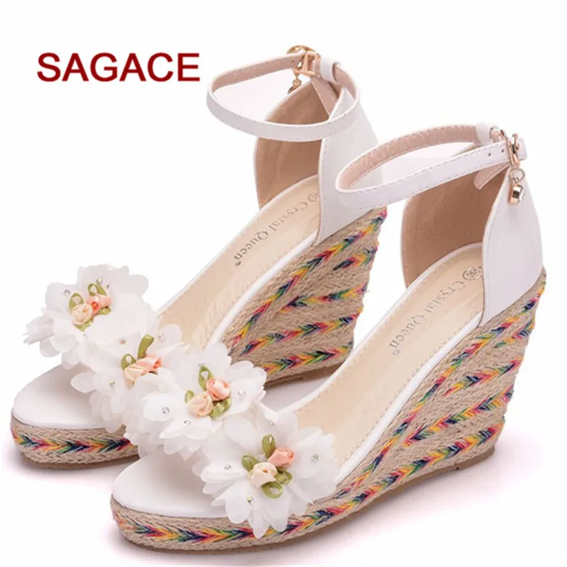 

Wedding Wedges Shoes Women's Flower Fish Mouth Sandals Roman White Shoes Casual Shoes Summer Wedges Sandalias Mujer 2019
