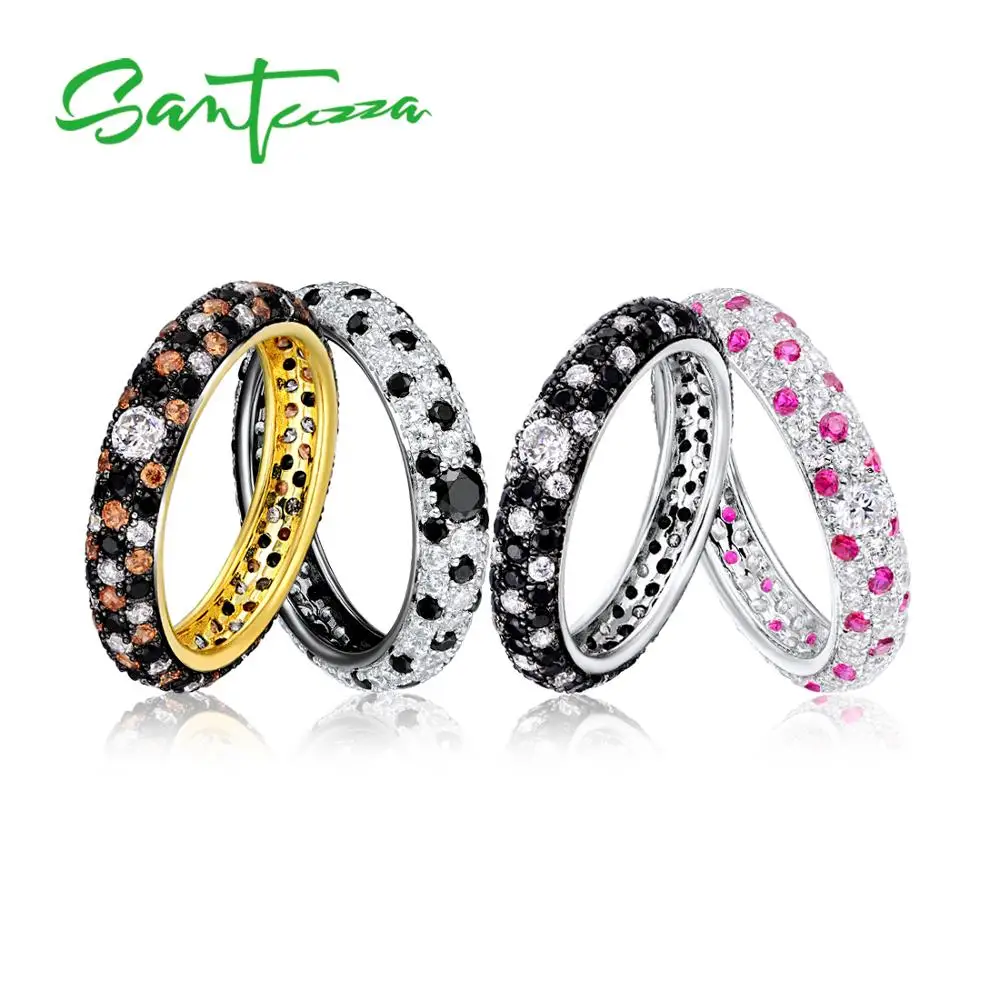 Santuzza Silver Rings For Women Multi-color Blue Black Pink Brown CZ Ring Pure 925 Sterling Silver Eternity Ring Fashion Jewelry