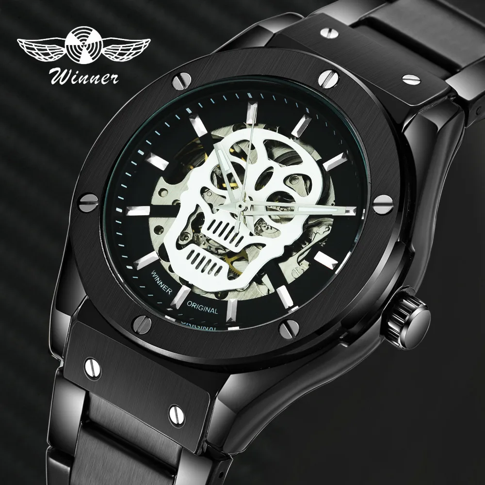 

WINNER 2019 Steampunk Skull Automatic Mechanical Watch Men Stainless Steel Strap Creative Skeleton Men Watches Top Brand Luxury