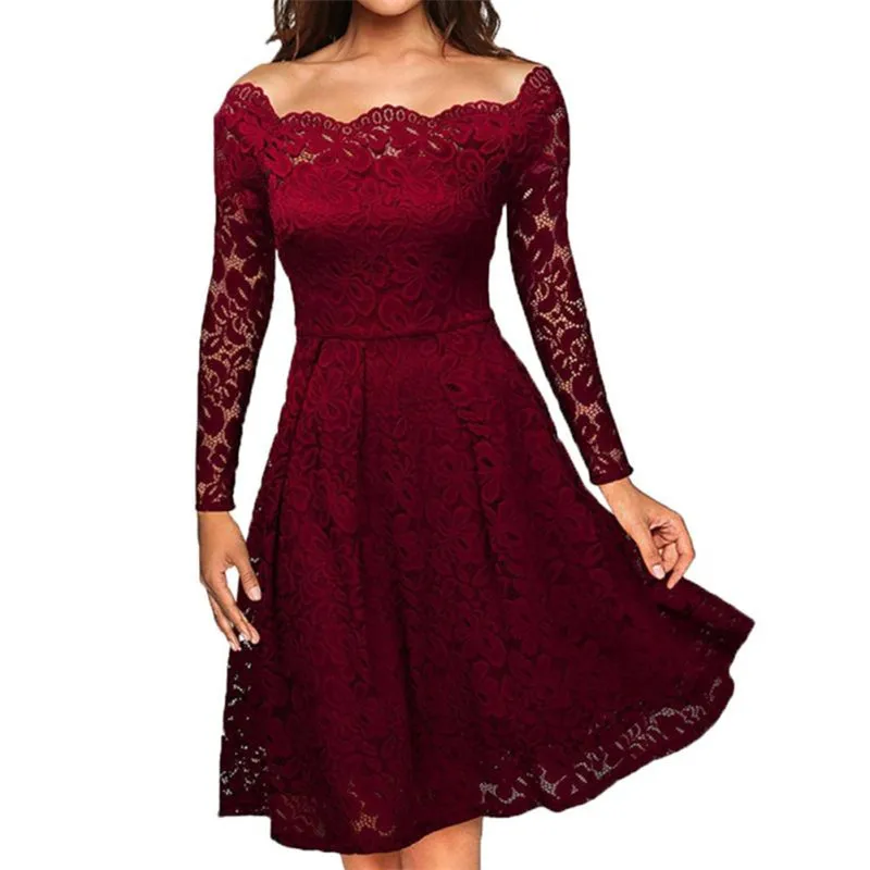 

KLV Women Shoulder Lace Formal Knee-Length Dress 2018 summer sexy dress women dress for women women's dresses in big sizes
