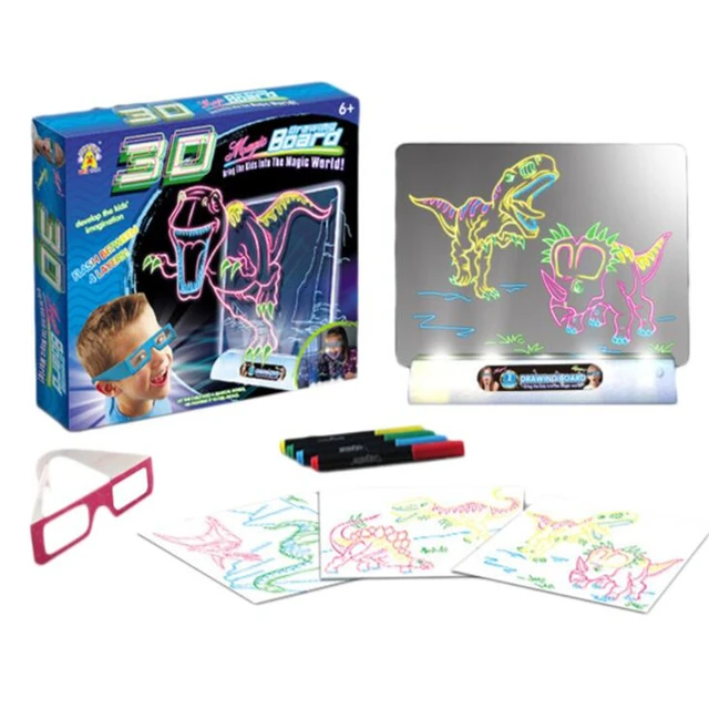 3D Light Up Drawing Board Dinosaur Toys LCD early Educational Painting  Erasable Doodle Magic Glow Pad with 3D Glasses Kids Gift