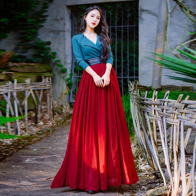 

2018 New Spring Fashion Elegant Vintage Knitted Patchwork Ultra Long Chiffon Dress 3/4 Sleeve Floor-length Female Dresses