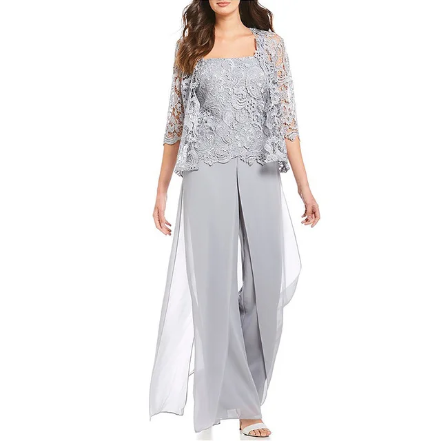 

Mother of The Bride Pant Suits with Lace Jacket Plus Size Chiffon Women Jumpsuit Pantsuits Formal Wedding Guest Wear 2 Piece Set