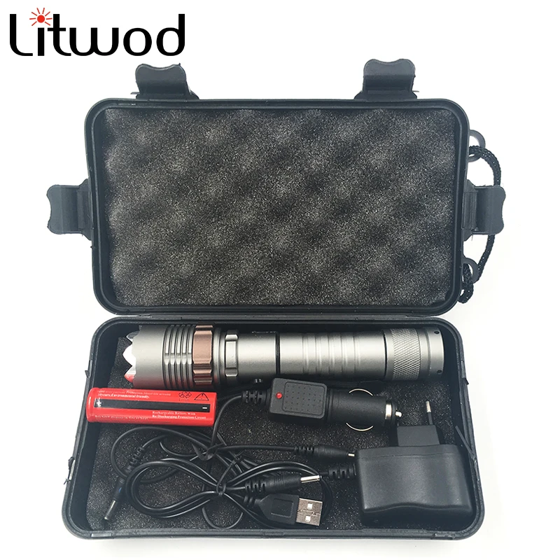 

Litwod Z302622 LED Tactical Flashlight Waterproof Zoom Torch XM-L T6 5 mode 18650 Battery Charger AC Car USB Charger with Box
