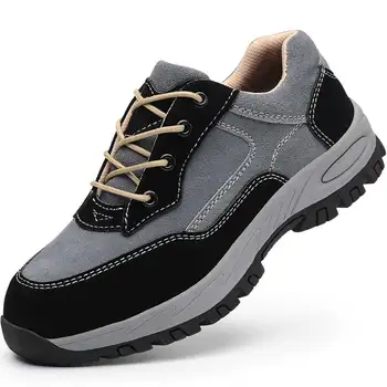 

men's leisure breathable plus size steel toe caps working safety shoes cow suede leather platform tooling security boots zapatos