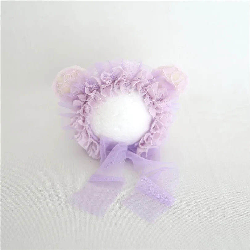 

Purple Ruffle Lace Bonnet Baby Girl Photo Prop Handmade Newborn Girl Pastel Floral Bonnet Infant Beanie Cap Animal Hat Props