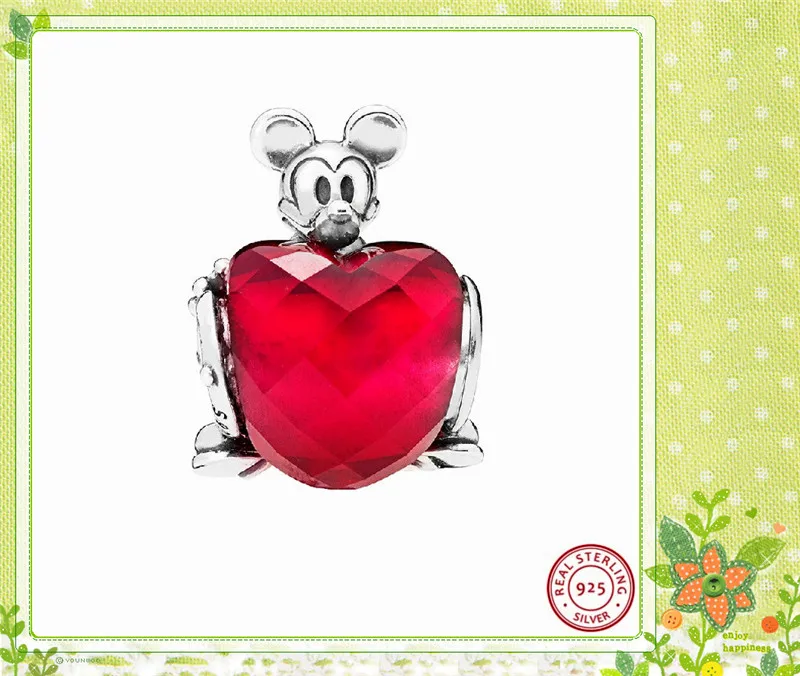 Сказочные бусины цвета фуксии Desney Mikey Mice Love Heart для женщин, изготовление ювелирных изделий, сделай сам, подходят для PANDORA, подвески, серебро, 925, FL740