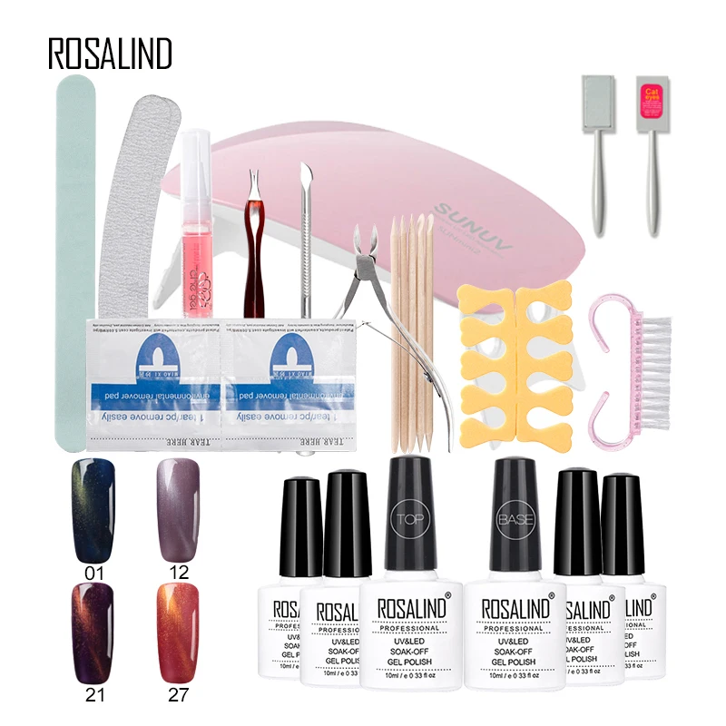 

Rosalind 10ML* 4PCS Cat Eye Gel Nail Polish Optiona+Base Top Coat+10PCS Manicure Smile French Sticker And Nail Tool Form Set&Kit