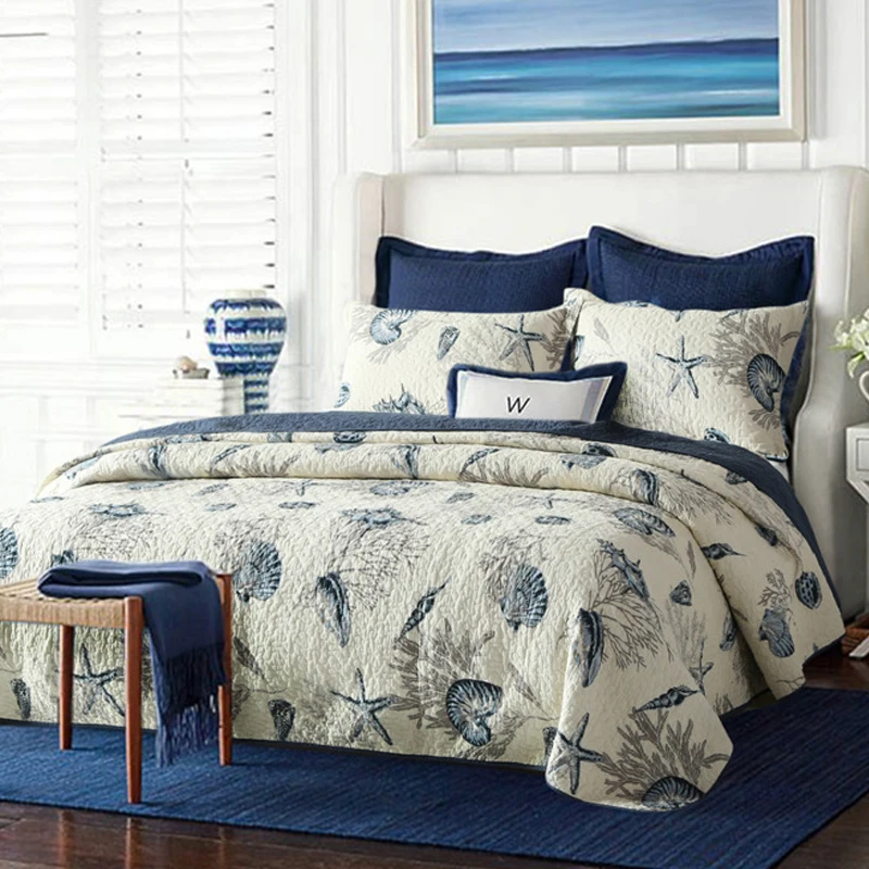 2017 queen king size cotton quilt sea shell printed bedspread