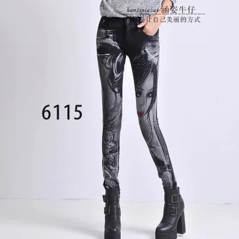 

Woman Spring Fall Plus Size Mid Print Diamond Personality Non-mainstream Slim Jeans Female Winter Zipper Embroidery Jeans
