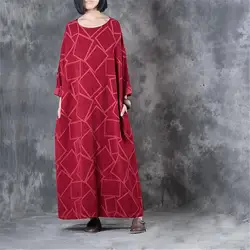BUKUD 2018 весна/осень белье Винтаж платье шею три четверти рукав Геометрия узор красный халат платья для Для женщин