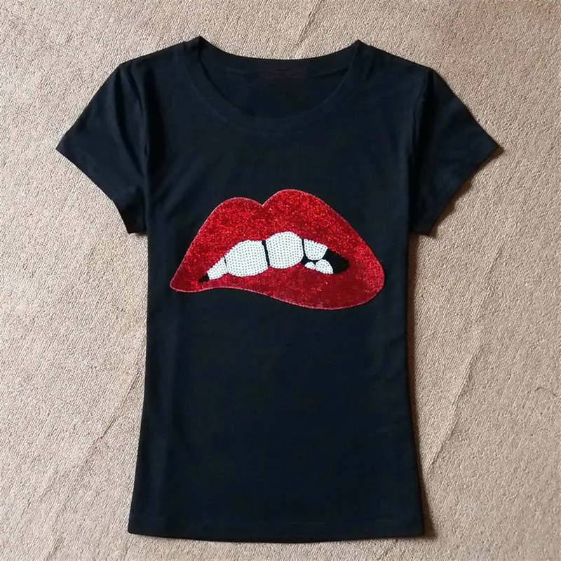 6 2019 korean slim summer style t shirt women sexy lip sequin top tops cotton casual short sleeve tee shirt femme poleras de mujer